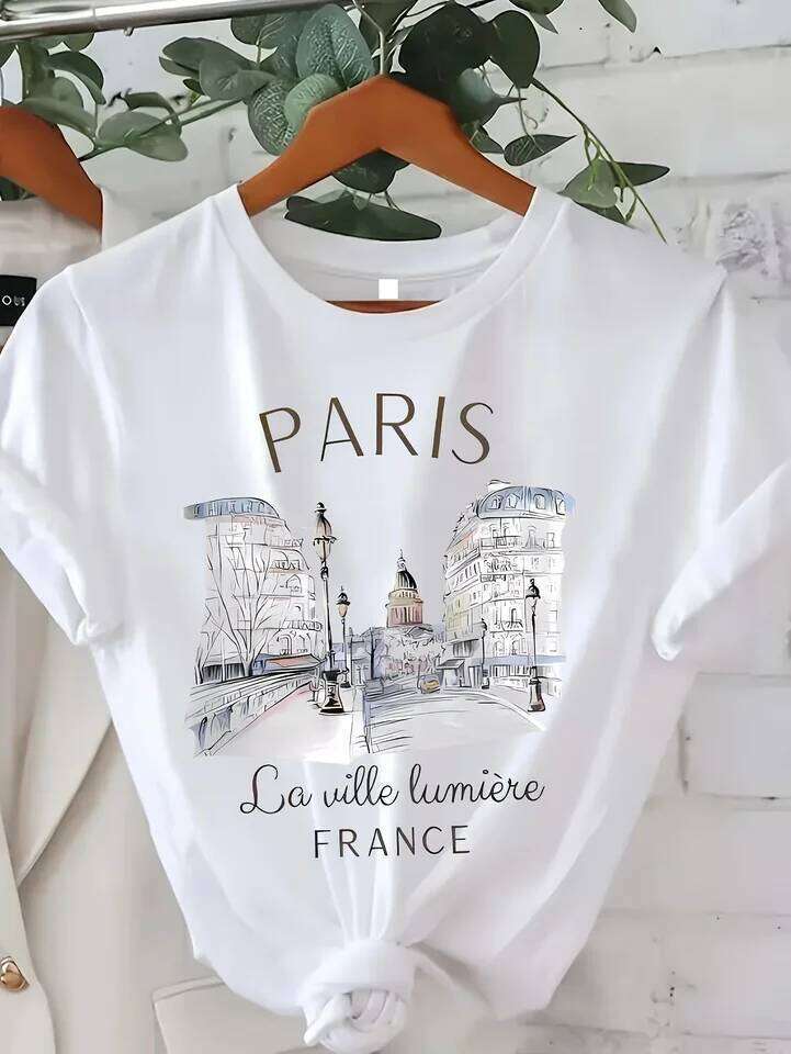 90s T Shirt Paris Women Print T-shirt Girl Short Sleeve Crew Neck Casual Top for Summer Spring Women's Clothing XJ260306