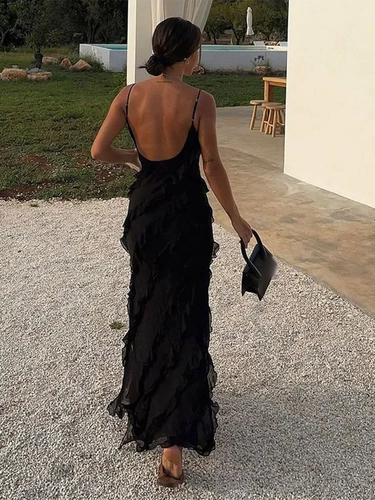 Women Black Stacked Ruffle Hem Long Dress sexy Sleeveless Backless Chiffon VNeck Dresses Lady Vacation Vestidos 260306