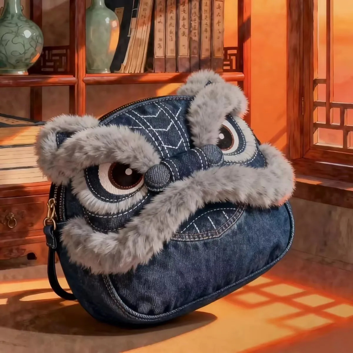 Creative Lion Dance One Shoulder Crossbody Bag Chinese Style Ethnic Denim Cartoon Gift Years 260307