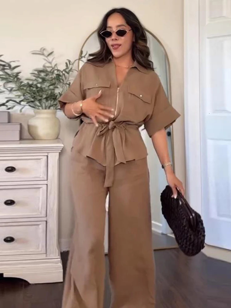 Fashion Solid Cotton Linen Shirt Pants Set Women Casual Half Sleeves Lace Up Top Wide Leg Pants Suit Summer Eleagnt Lady Outfits 260303