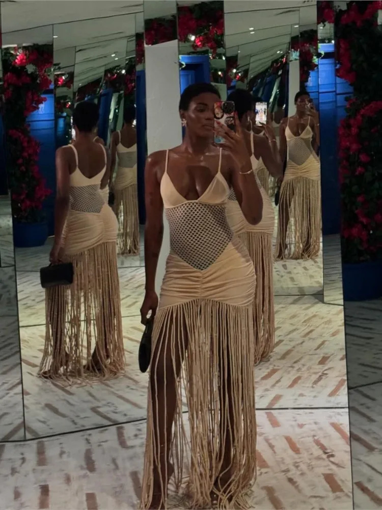 Tassel Hem Splicing Sling Dress Women Sexy Waist Hollow Out Stretch Pleated Bodycon Dresses Female Solid Summer Beach Party Robe 260306