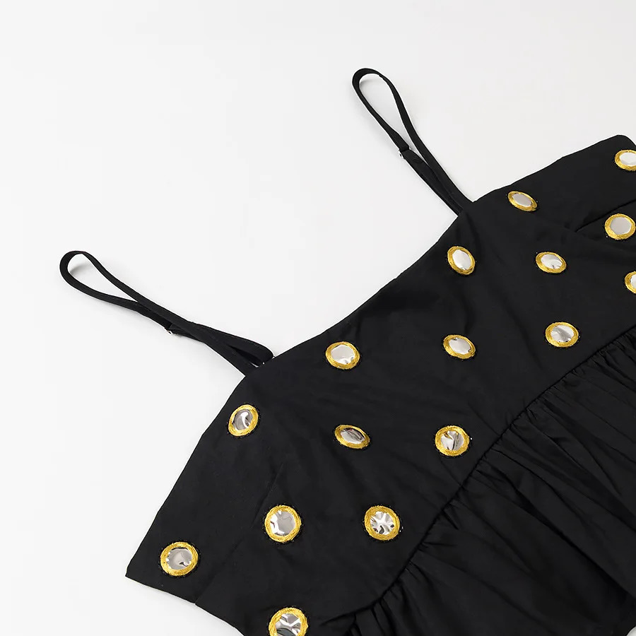 VEITCHE Women Metal Hollow Pleated Suspender Skirt Suit Sexy Sleeveless Vest High Waist Mini Lady Vacation Dress Set 260306