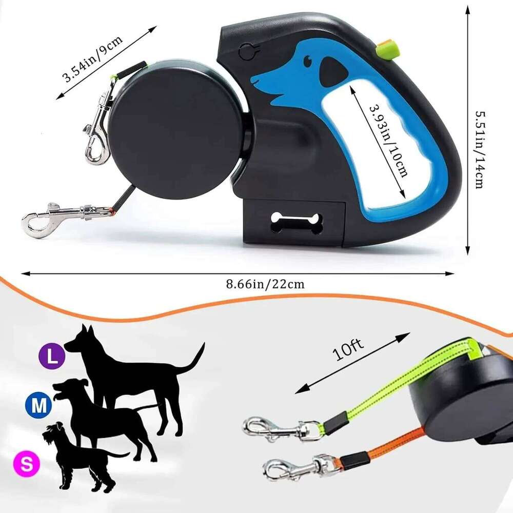 3M Retractable For Small Dogs Reflective Dual Pet Lead 360 Swivel No Tangle Double Dog Walking Leash With Lights Bamubi