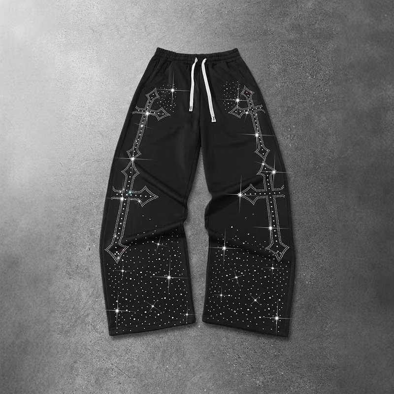 Luxury Brand Designer Clothes New European And American Style Cross-Studded Star Pants For Men And Women, Black Trendy Drawstring Elastic Waist Wide-L