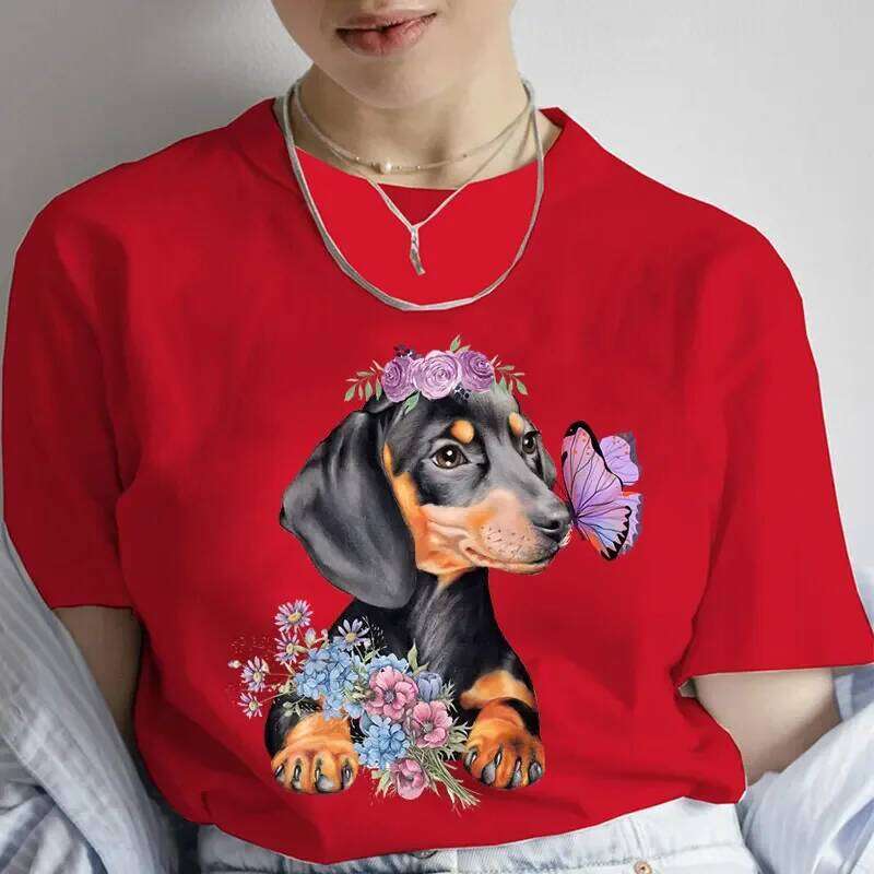 Fashion Cartoon Dachshund Clothes Graphic Dog Lover Print T Shirt for Casual Crew Neck Short Sleeve Plus Size Tshirt Women XJ260306