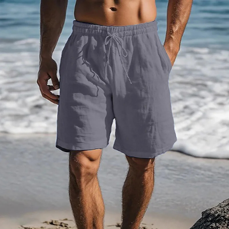Men Cotton Linen Shorts Summer Lightweight Breathable Casual Beach Style Basic Solid Color Sweatpants Elastic Waist 260306