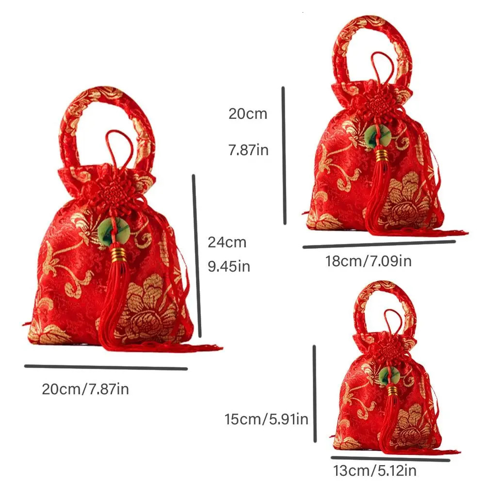 Chinese Style Canvas Flower Drawstring Bag Wrist Large Capacity Knot Tassel Handbag Korean Storage 260307