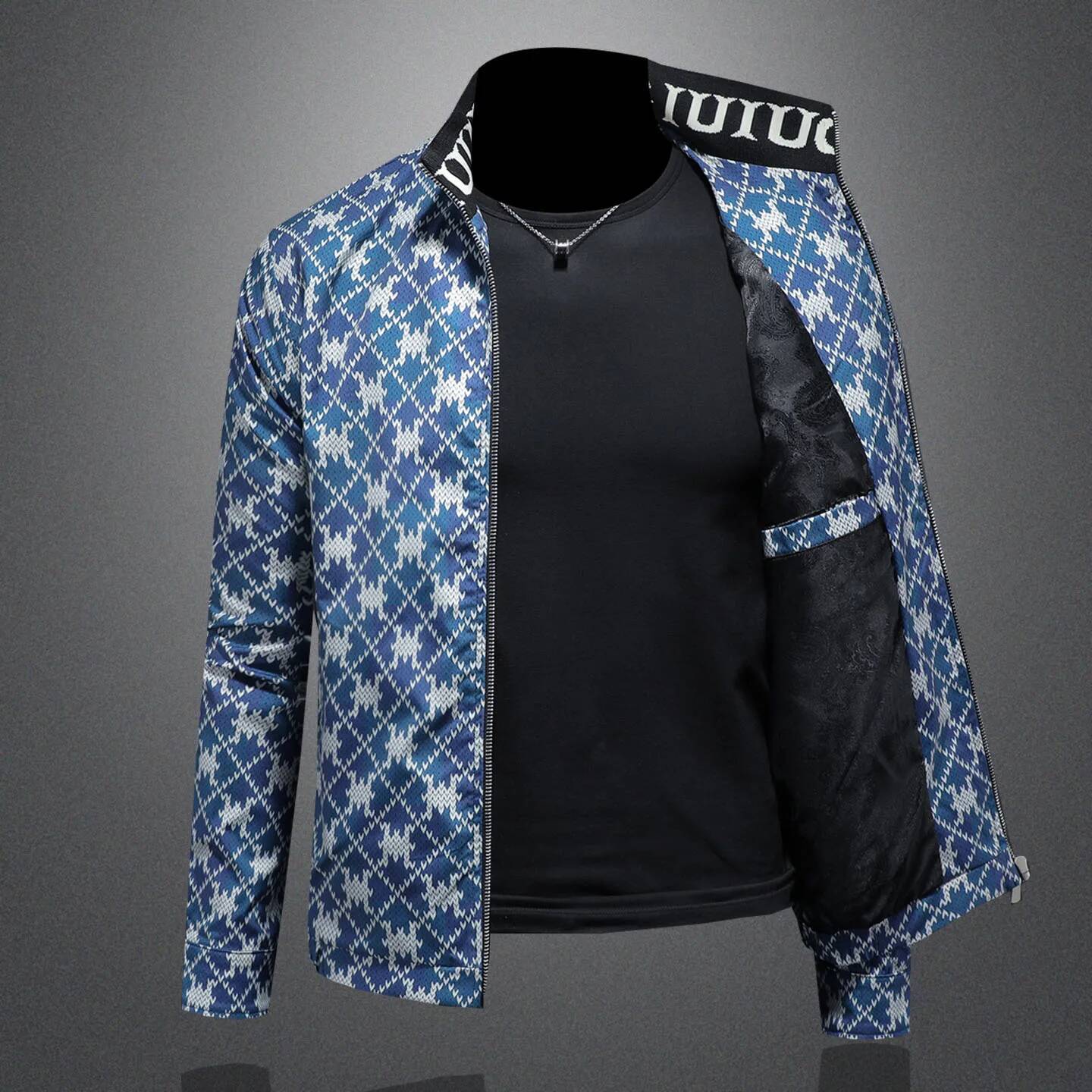 Luxury Printed Men's Jacket Trendy Casual Stand Up Collar Bomber Jackets Business Outwear Windproof Social Coat Men Clothing