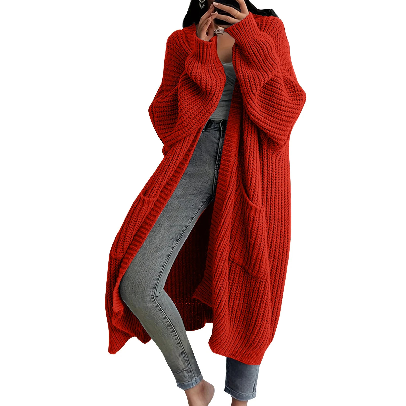 Womens Fashionable Solid Color Long Sleeved Knee Length Knitted Cardigan Fashion Lazy Trend Casual Warm Loose Outwear 260305