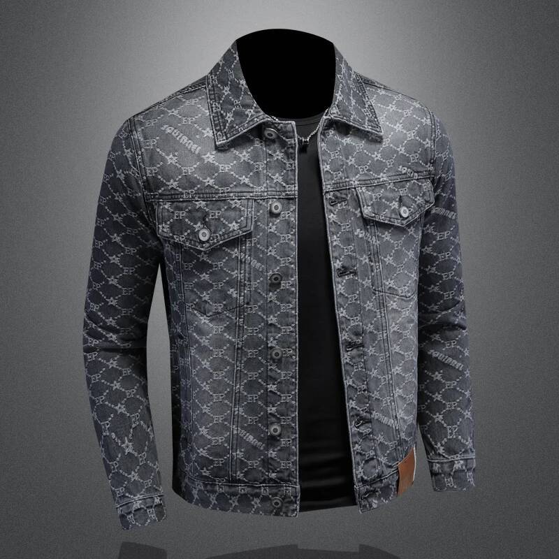 Minglu Jacquard Denim Jackets Luxury 100% Cotton Spring Auutmn Turn Down Collar Simple Casual Male Coats Man OuterWear