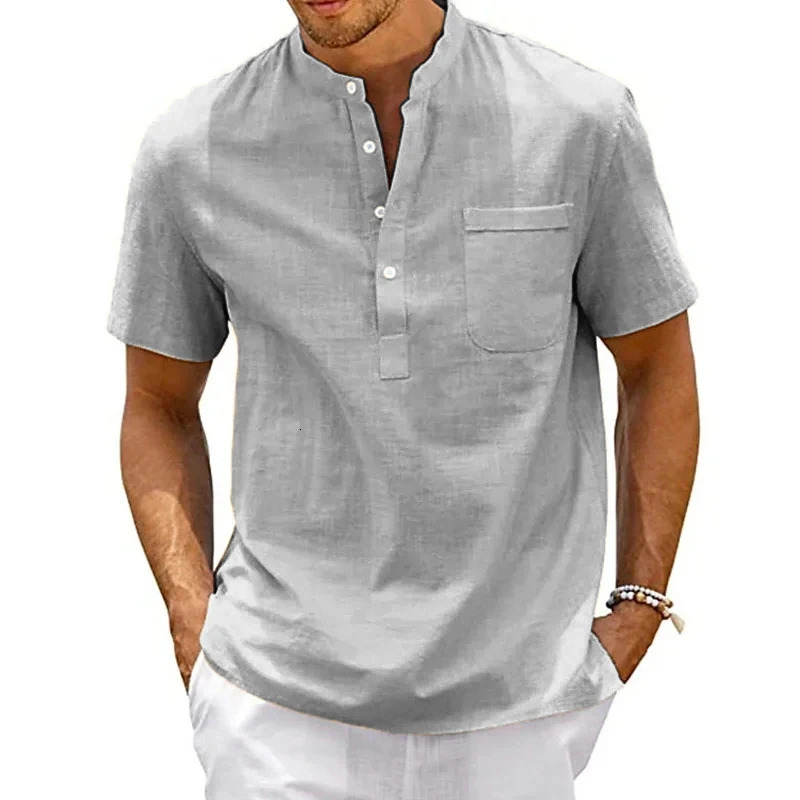 Summer Mens Cotton Short Sleeve Tshirt Solid Color Stand Collar Loose Pullover Shirt Thin Soft Comfortable Button Top 260302