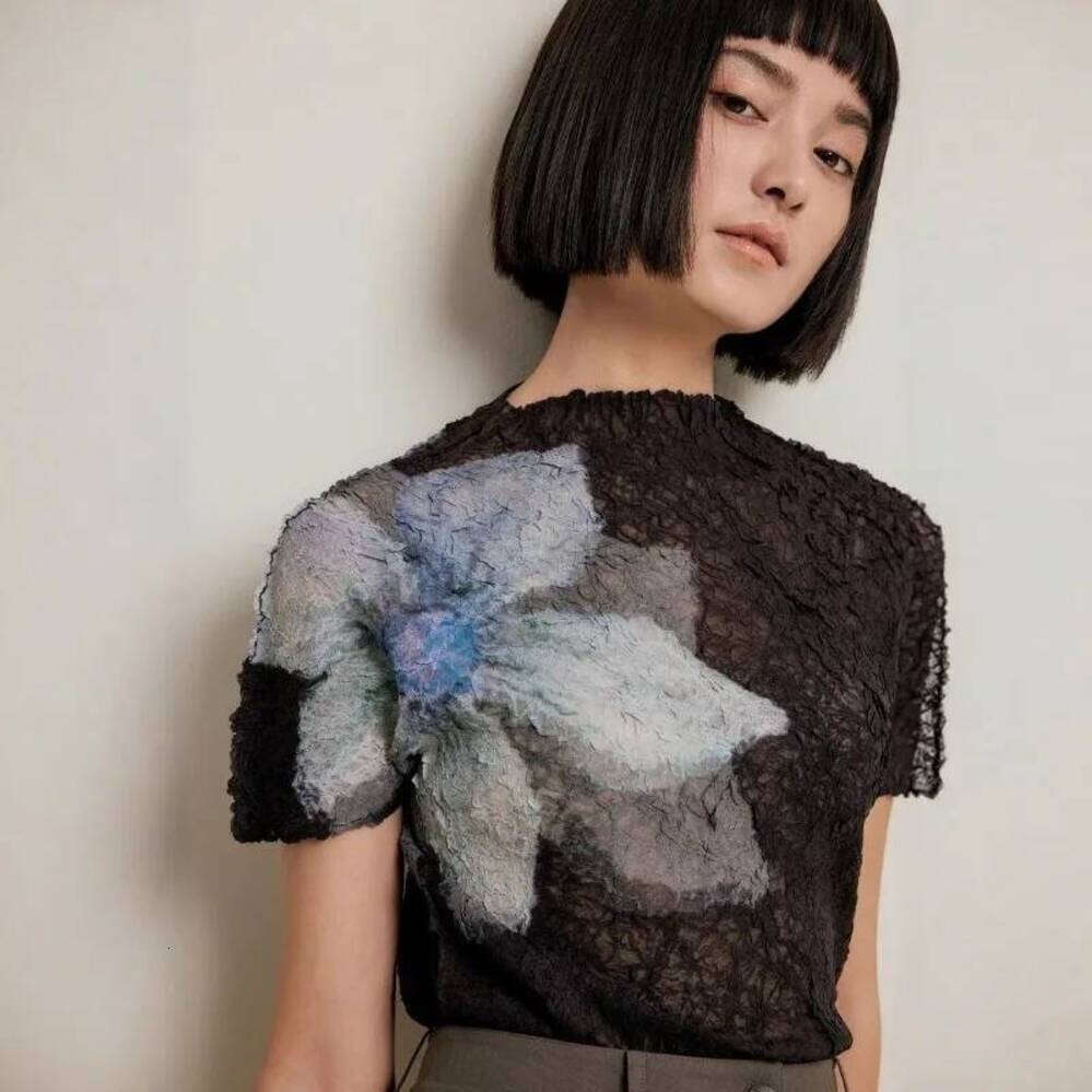 ZHE HAN Summer Miyake Pleated Round Neck T-Shirt Short-Sleeved Printed Top Simple Loose Large Size With Stretch Thin Breathable Clothing