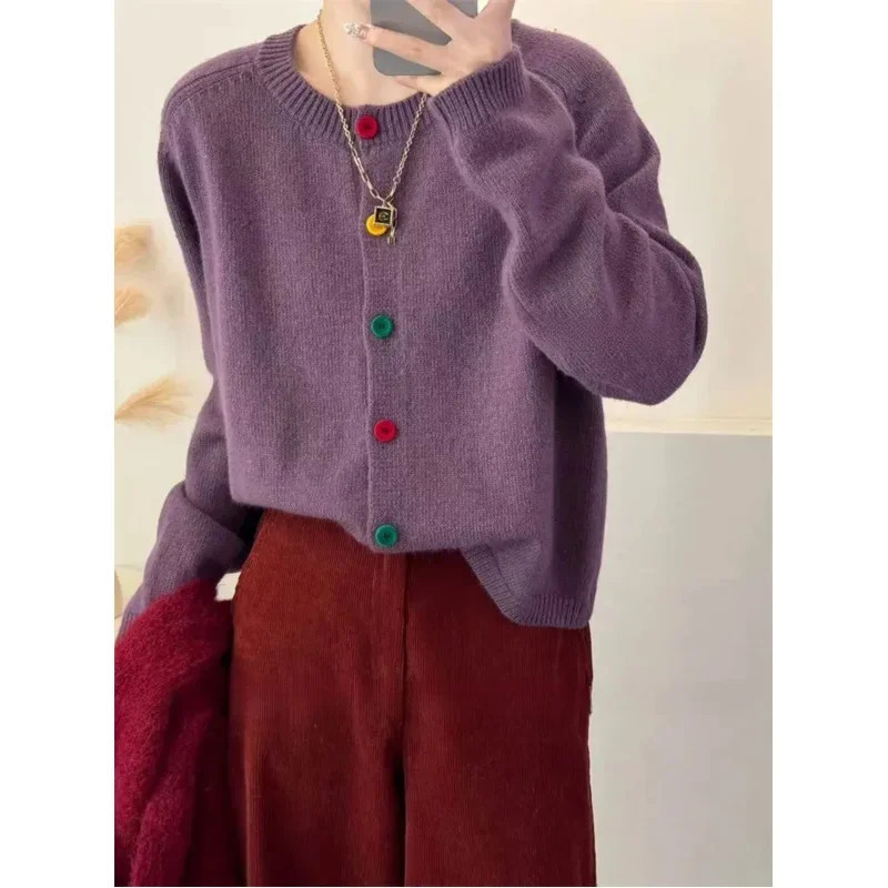 Japanese Sweet and Fresh Round Neck Colorful Button Knitwear Coat Academy Style Western Versatile Sweater Womens Cardigans 260306