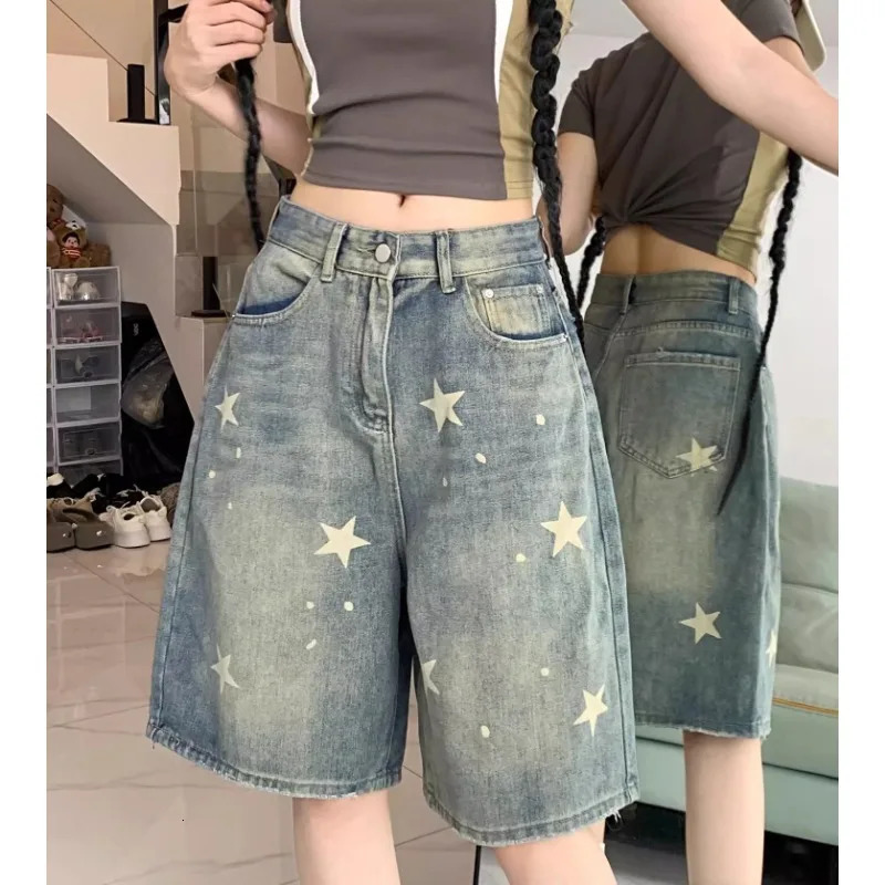 Casual Floral Print Loose Wide Leg Womens Jeans American Retro Star Straight Leg Comfort Stretch Soft Denim Shorts 260306