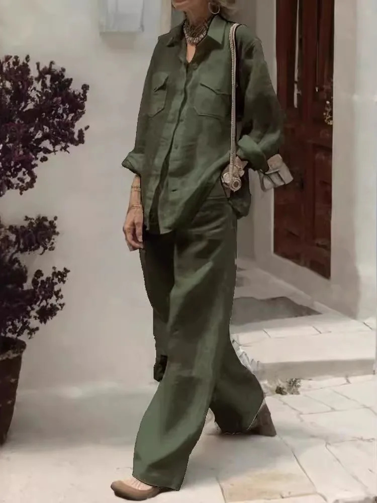 Fashion Solid Cotton Linen Shirt 2 Piece Set For Women Autumn Long Sleeve Blouse Top Pockets Pants Suit Female Casual Outfits 260304