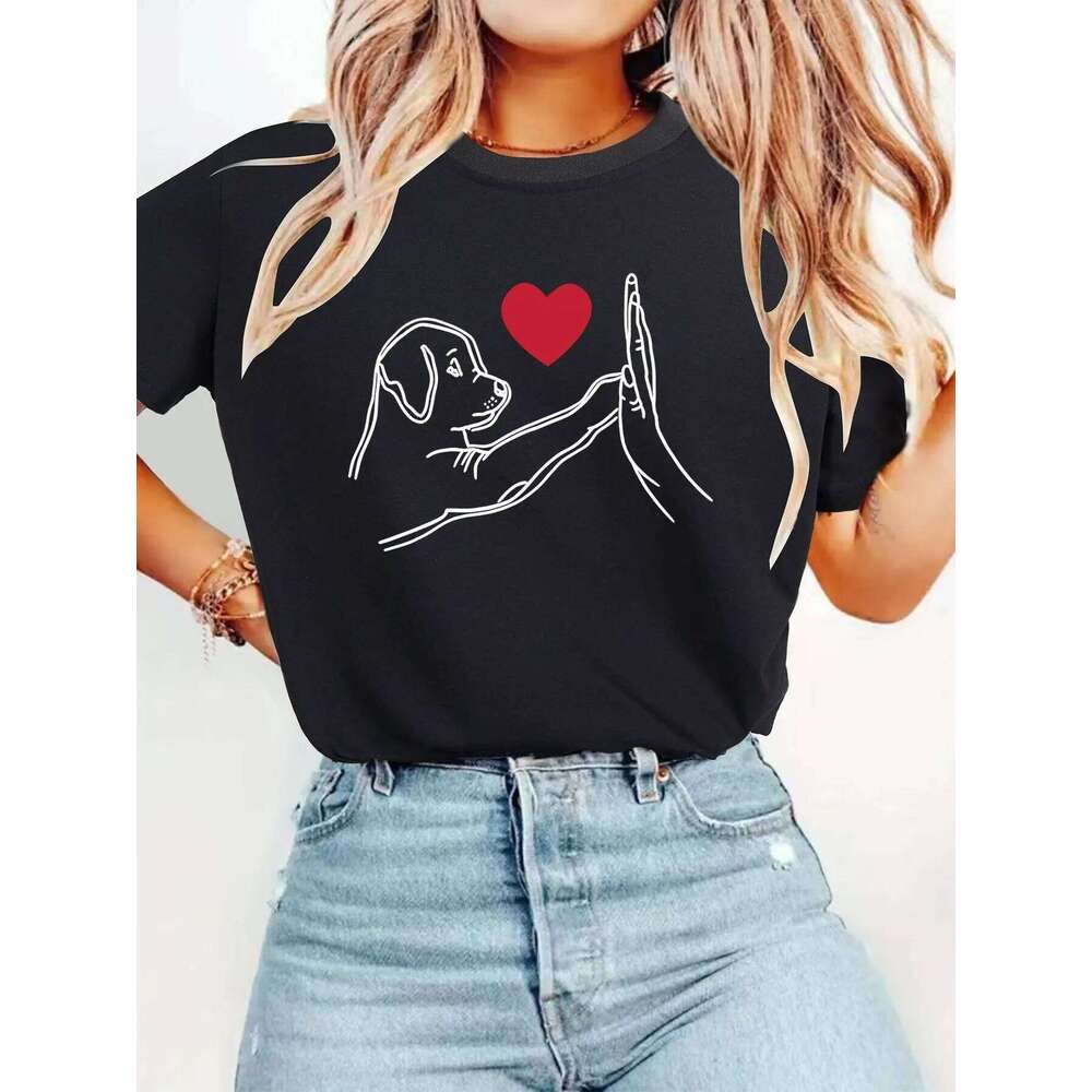 Cute Puppy High-Five Heart Graphic Print Harajuku Short Sleeve Casual Women's T-shirt Clothing Street Tops Tees XJ260306 XJ260306