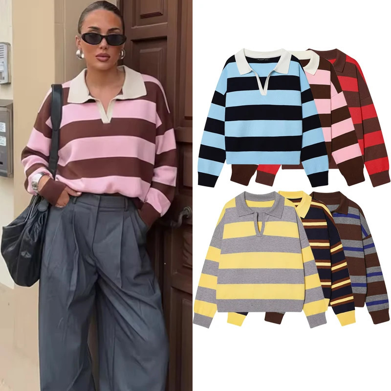 Womens 2026 Knitted Striped Sweater Polo neck Pullover Spring Fashion Loose Elegant Warm Young Women Street Blouses 260306