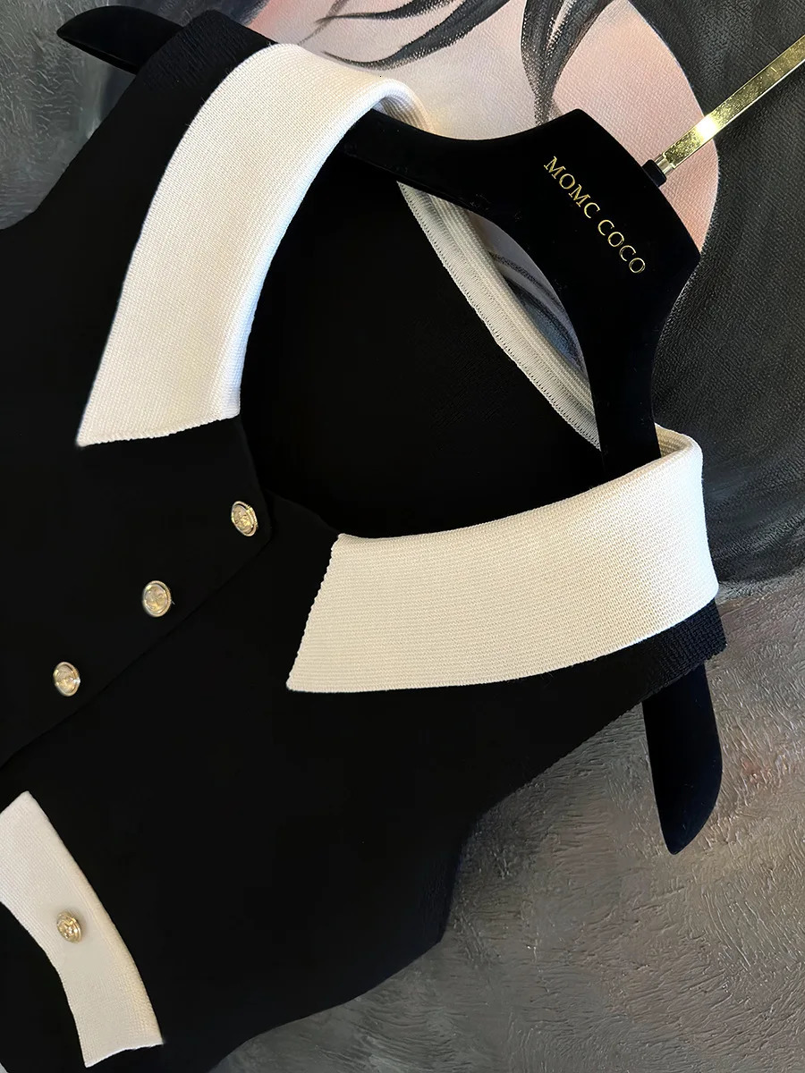 Women French Color Block Sleeveless Vest VNeck Knit Tank Top Lapel Collar Elegant Preppy Cropped Waistcoat Casual 260306