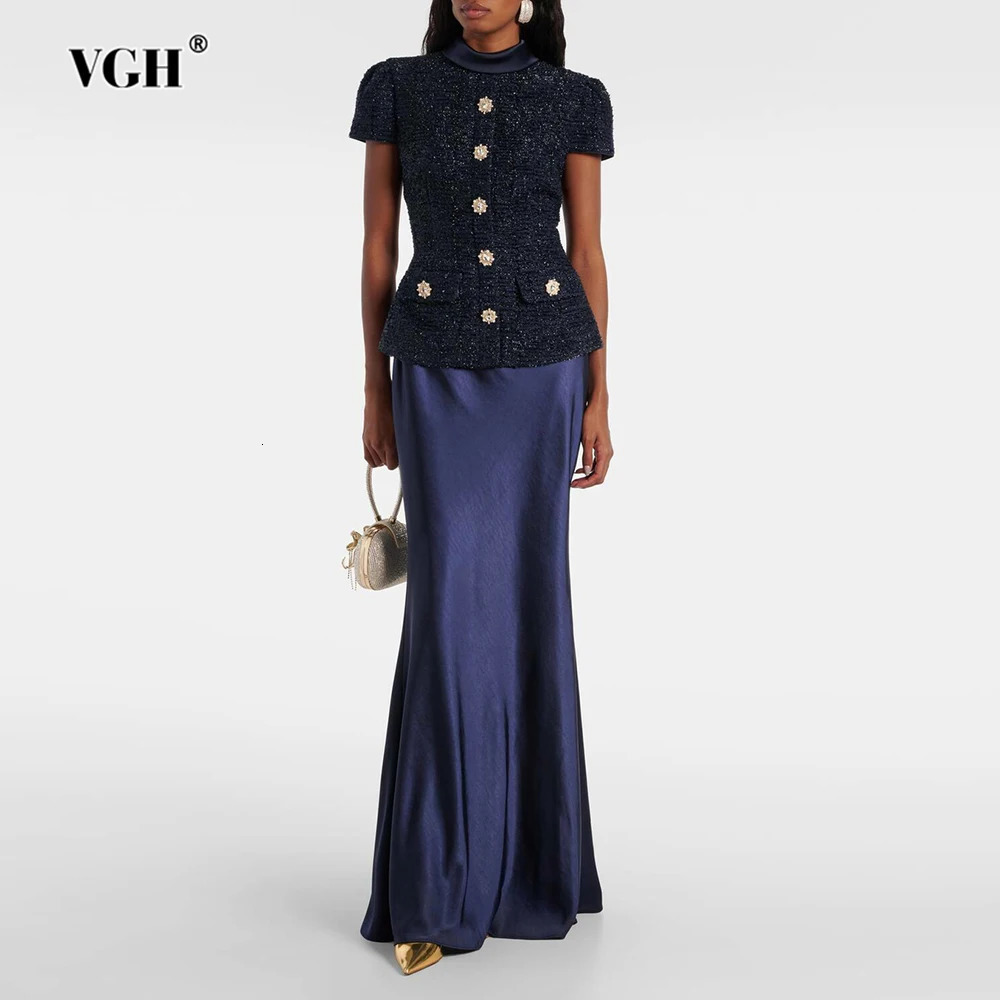 VGH Chic Two Piece Sets for Women Stand Collar Short Sleeves Spliced Pocket Tweed Top High Waist Maxi Skirts Vintage Suit Female 260304