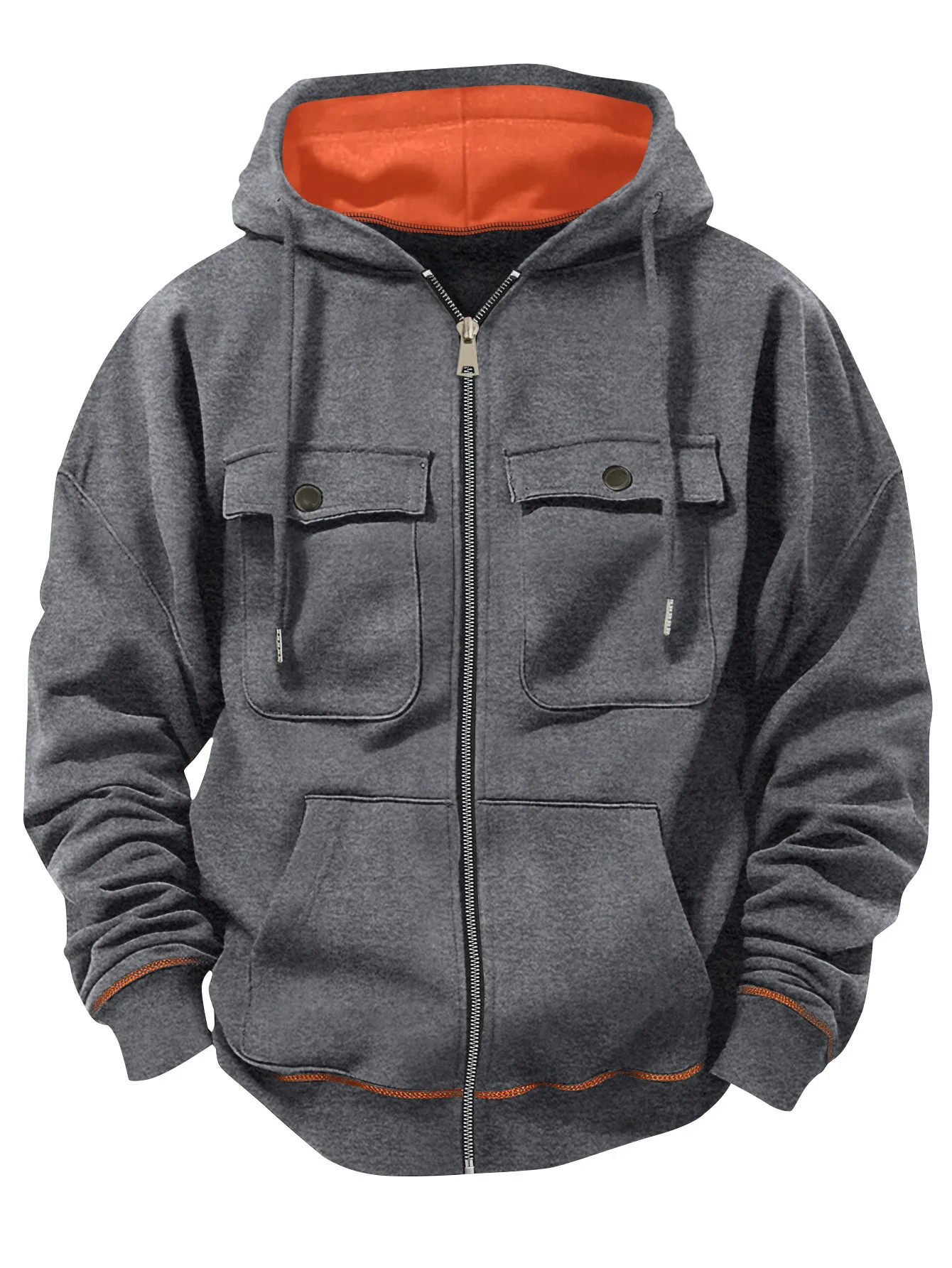 2026 model retro workwear hooded sweatshirt mens zipper solid-color warm sports shirt with multiple pockets hooded jacket 260228