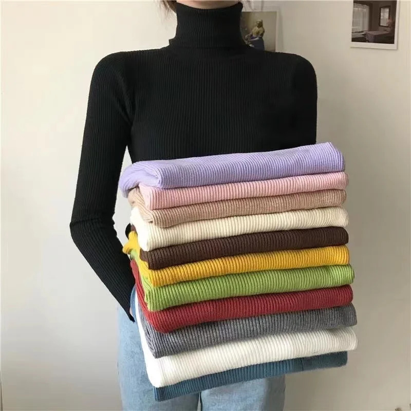 2026 Simple Women Turtleneck Sweater Winter Fashion Pullover Elastic Knit Ladies Jumper Casual Solid Black Female Basic Tops 260306
