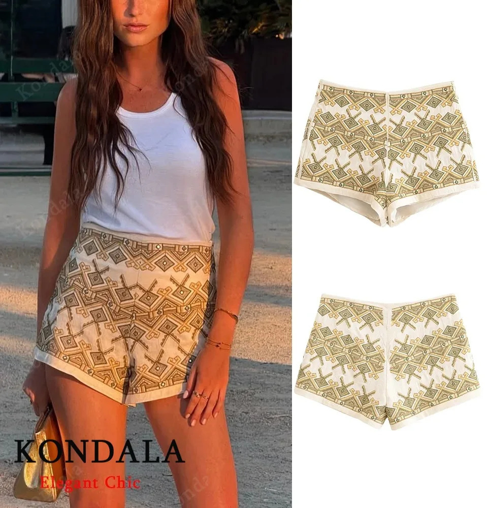 KONDALA Lady Embroidered Shorts Vintage Boho Slim Mini Shorts Summer Fashion High Street Holidays Women Shorts 260306