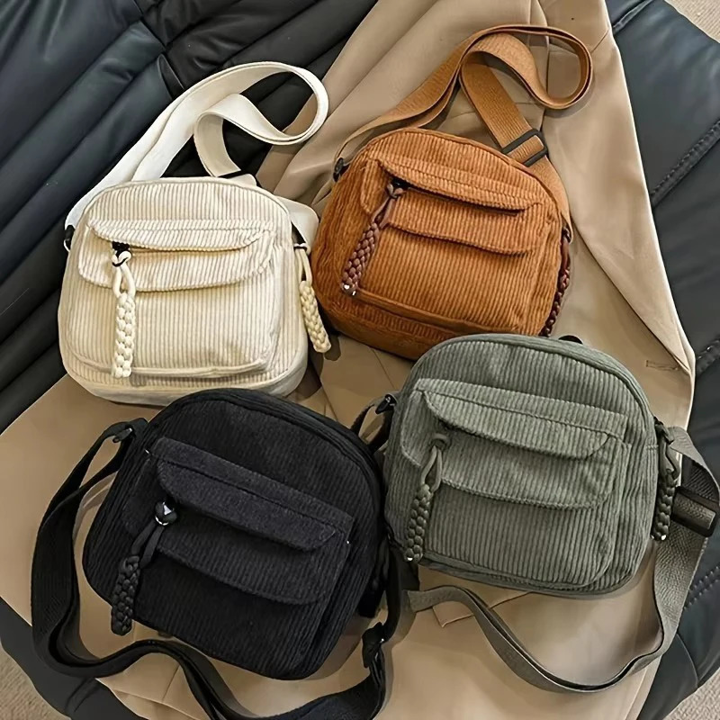 Corduroy Crossbody Bag for Women Casual Harajuku Style Zipper Closure Adjustable Strap Multi Pockets Polyester Lining Beige 260306