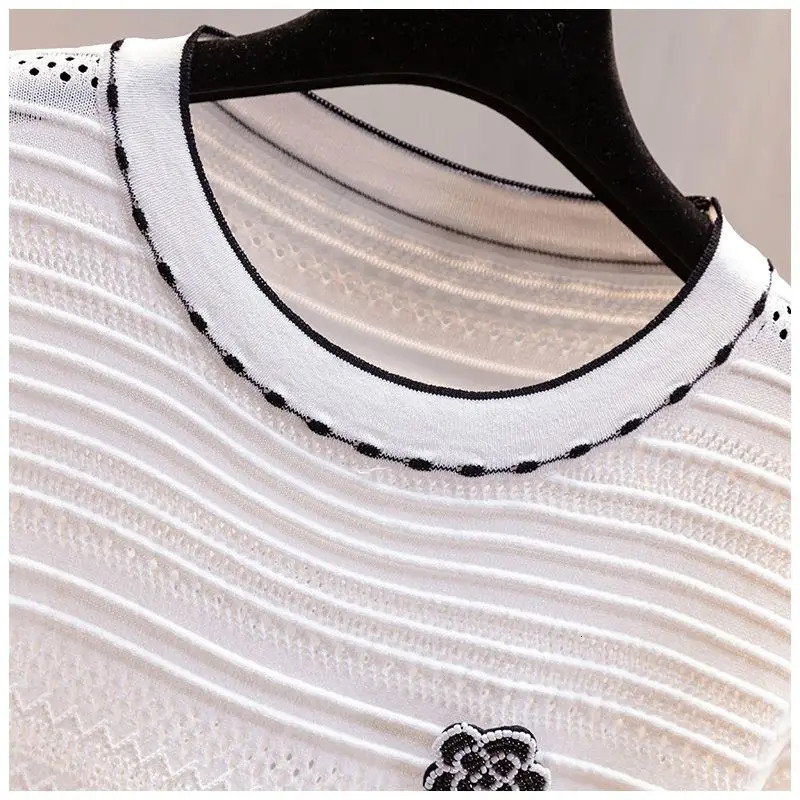 Ice Silk Knitted T Shirt Women Summer Flower Embroidery Diamond y ner Clothes Korean Fashion Casual Tshirt Short Tops 260306