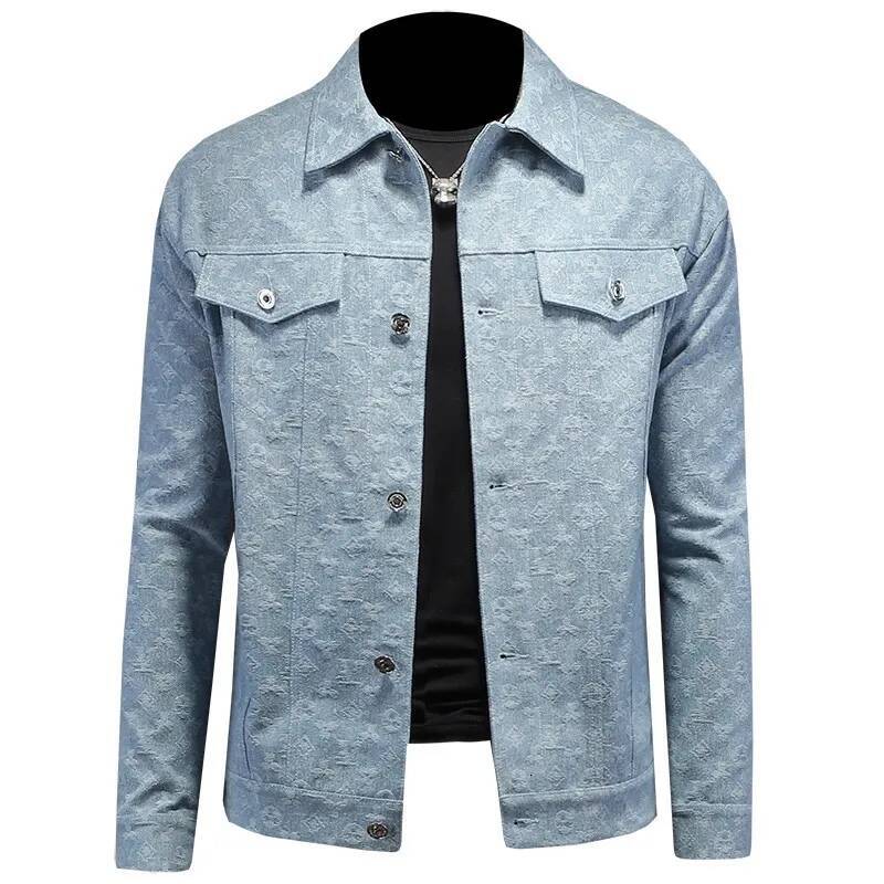 Men's Slim Fit Casual Denim Jacket Autumn Plaid Embossed Collar Trendy Youth Fashionable Outerwear