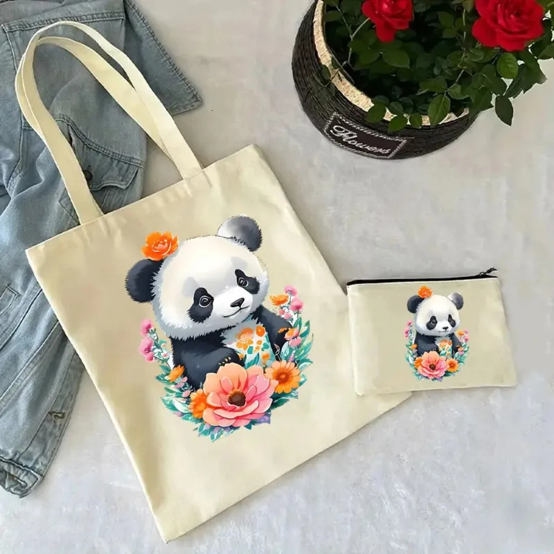 2 Pcs Cute Panda Ladies Handbag Cosmetic Bag Canvas Shoulder Ecofriendly Large Capacity Fashion Shopping Wallet 260307