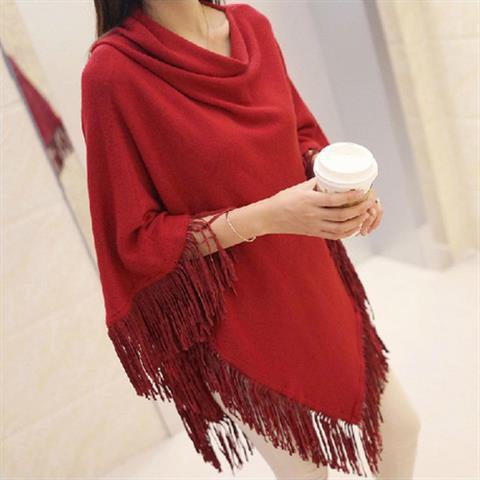 Asymmetrical batwing sweater loose tassel sweater mid-length cape shawl coat womens autumn and winter knitwear240904