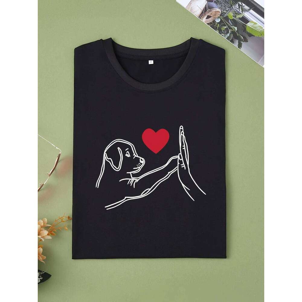 Cute Puppy High-Five Heart Graphic Print Harajuku Short Sleeve Casual Women's T-shirt Clothing Street Tops Tees XJ260306 XJ260306