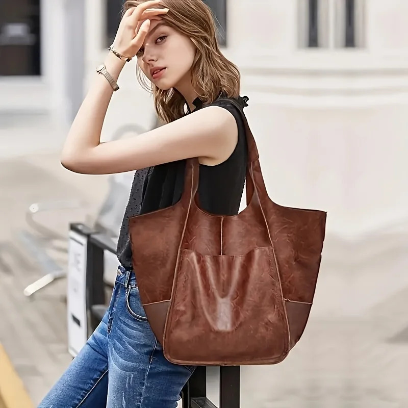 Retro Minimalist Tote Bag Large Capacity Shopping Bag Fashion PU Leather Soft Leather Shoulder Bag 260306