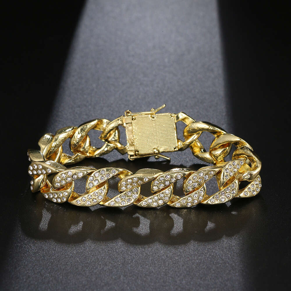 Cross-border European and American hip-hop zircon bracelet, 12mm double-row full-diamond Cuban chain, real gold-plated, high-quality men's bracel