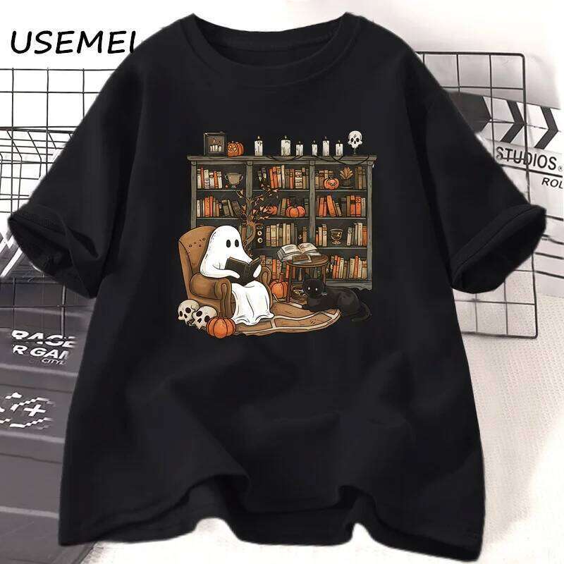 Retro Ghost Reading Books Librarian T-shirt Halloween Teacher Tshirt Women Cotton Boo School T Shirt Streetwear Women's Clothing XJ260306 XJ26030