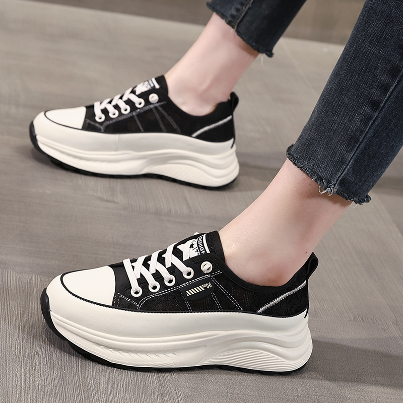 Free Shipping 2026 Women's Black & White Lace Panel Platform Sneakers, Chunky Sole Casual Shoes 34-40