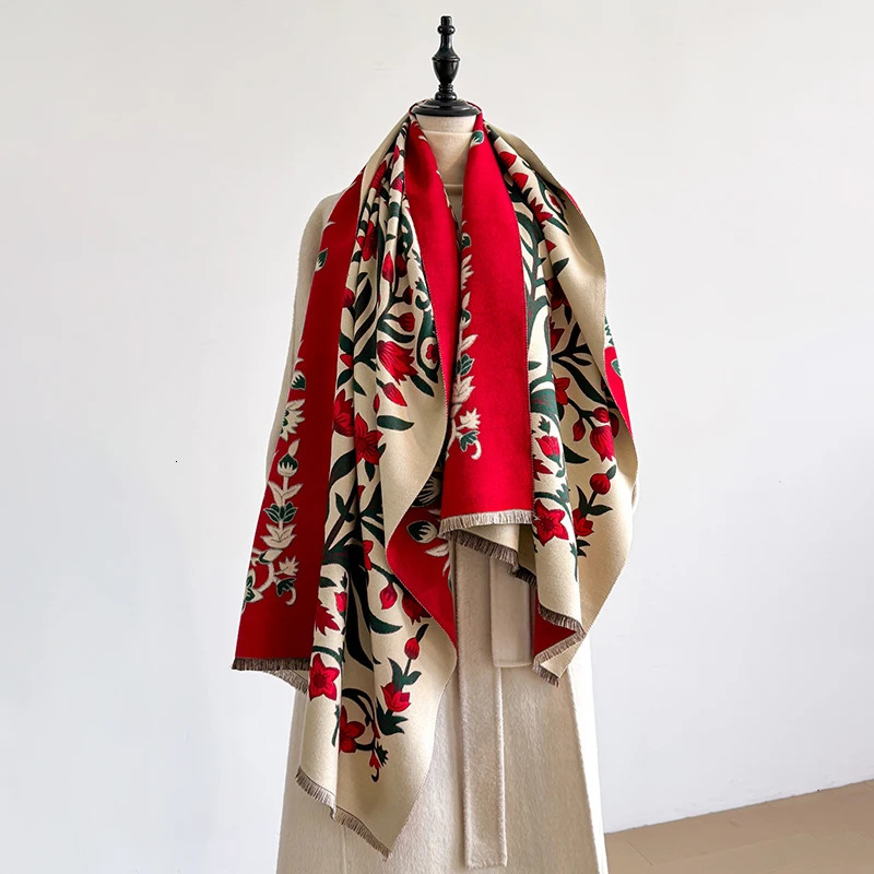 2025 Womens Winter Cashmere Scarf - Floral Printed Tasseled Pashmina Shawl Wrap Bandana Poncho 260302