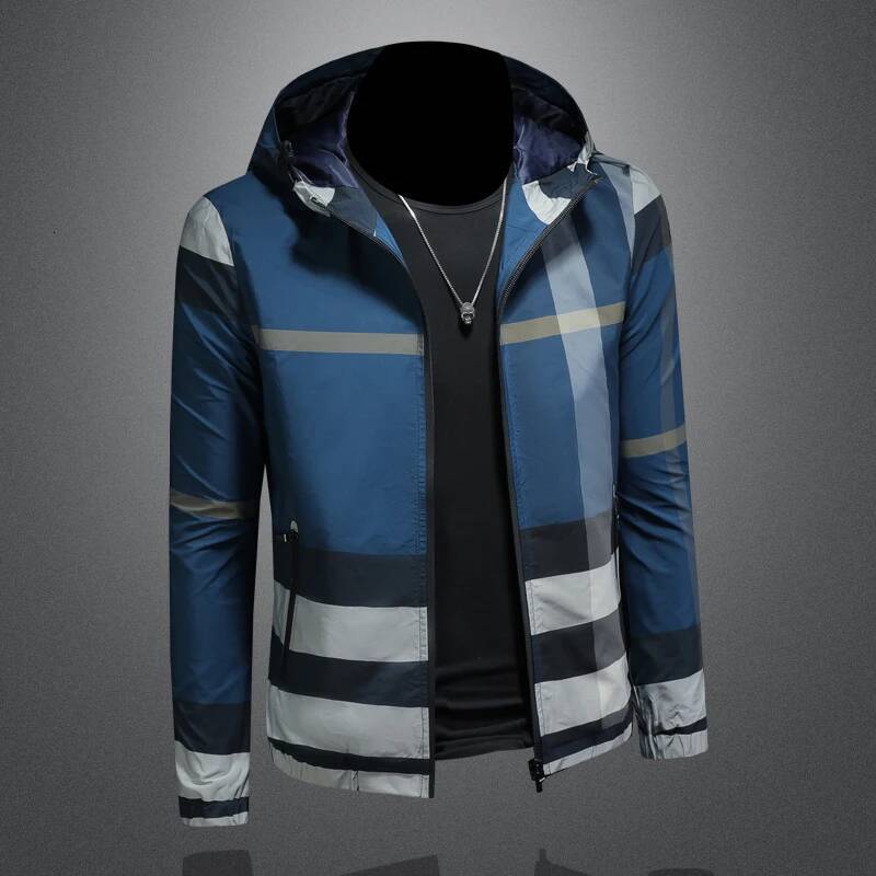 Minglu Spring Autumn Hooded Plaid Allover Printed Mens Jackets Luxury Sport Casual Long Sleeve Male Coats Overcoat Plus Size 6XL