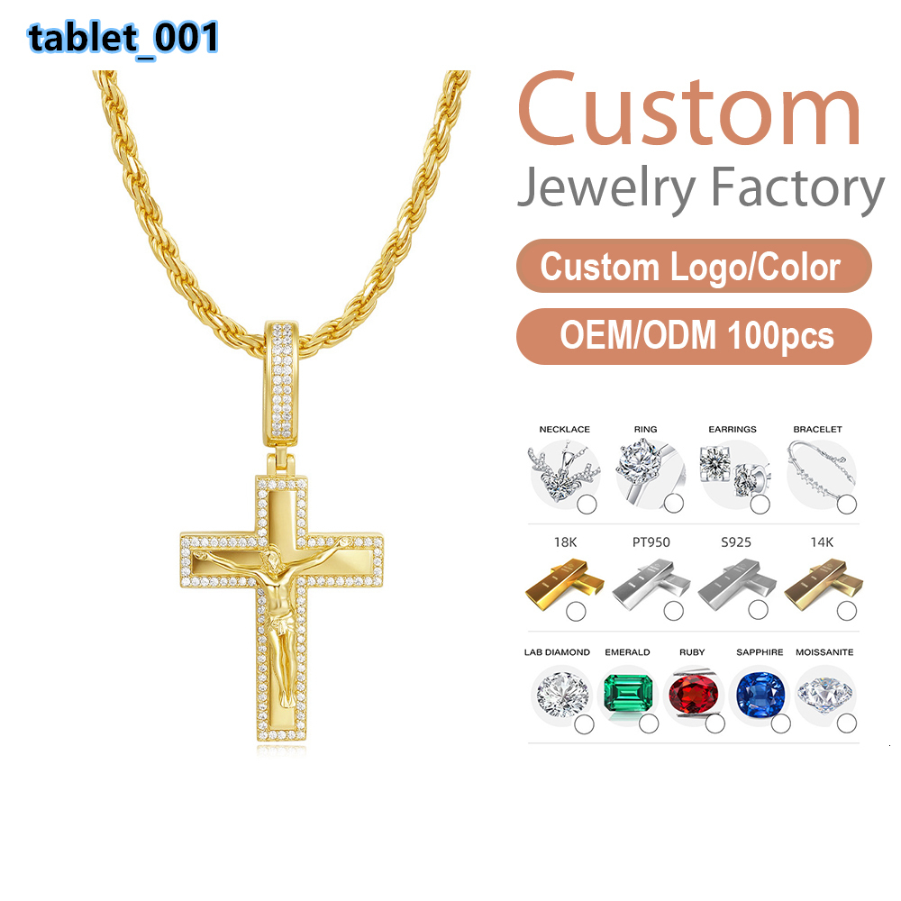 925 Sterling Silver Gold Plated Iced Out Moissanite Jesus Crucifix Cross Pendant Necklace with Rope Chain Hip Hop Jewelry for M