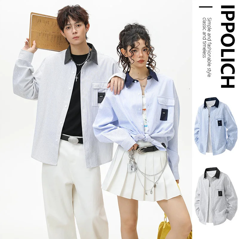 Couple Shirt Long Sleeve Striped Shirts Spring Blouses Unisex Fashion Loose Blouse Y2K Men Clothing Casual Girls Clothes 260228