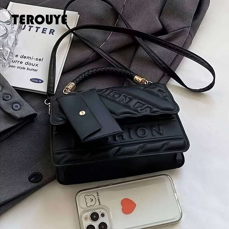 1Pc Trendy Quilted Handbag Adjustable Strap Stylish Black Shoulder For Women With Mini Coin Pouch Crossbody Purse TEROUYE