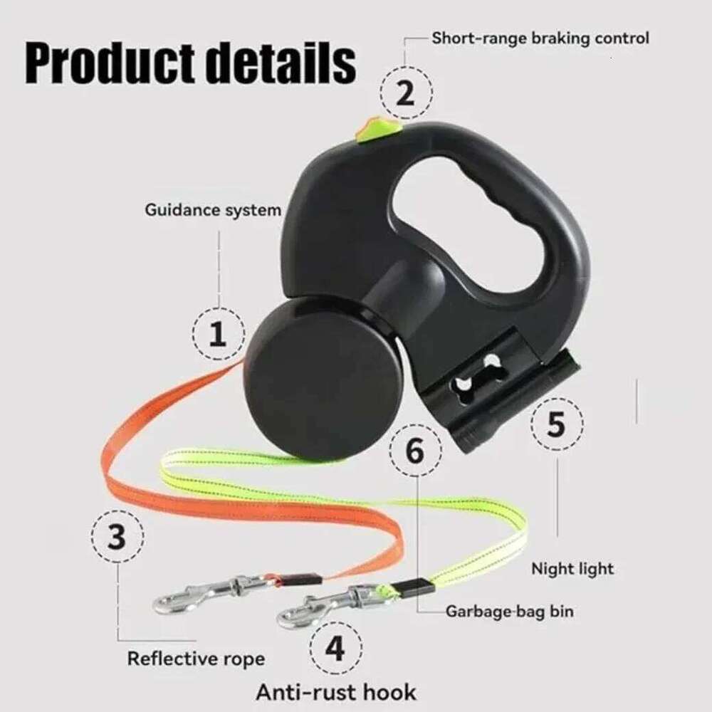 3M Retractable For Small Dogs Reflective Dual Pet Lead 360 Swivel No Tangle Double Dog Walking Leash With Lights Bamubi