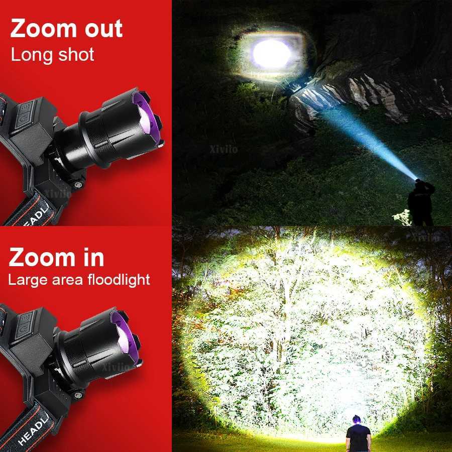 5000000LM Super Powerful LED Headlamp White/Purple Light Rechargeable Headlight 18650 Head Flashlight Waterproof Fishing Lantern H260307