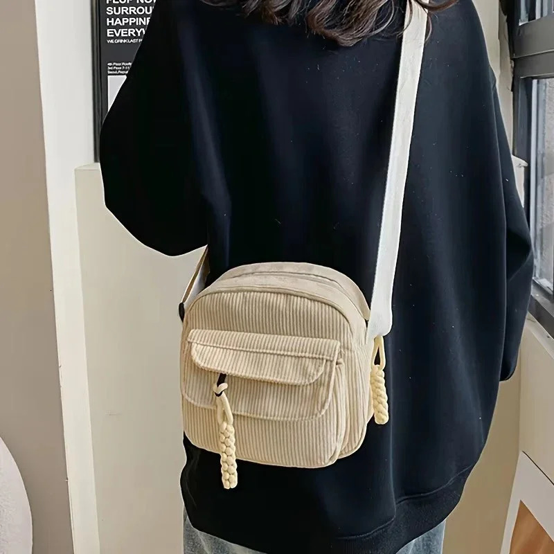 Corduroy Crossbody Bag for Women Casual Harajuku Style Zipper Closure Adjustable Strap Multi Pockets Polyester Lining Beige 260306