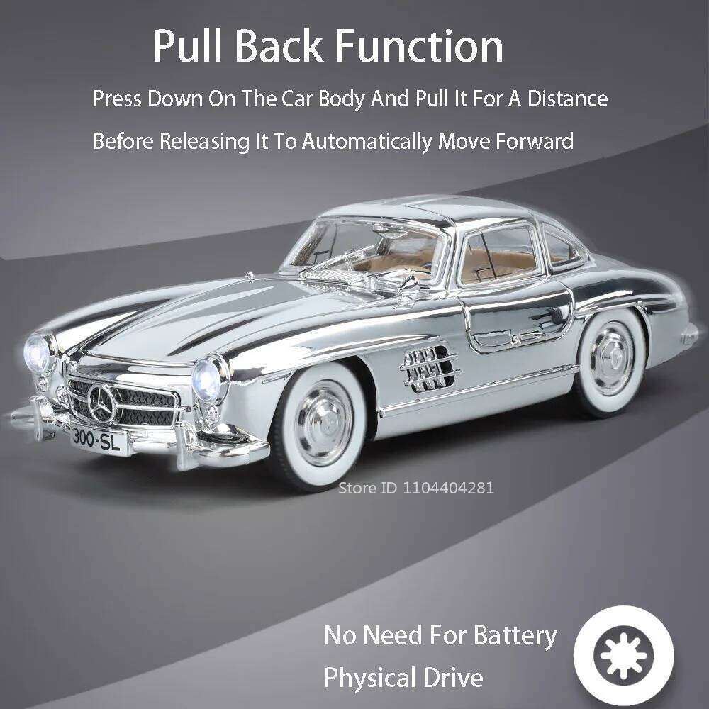 1:24 300SL 500K Alloy Vintage Car Miniature Model Toys Diecast Metal Cars Sound Light Pull Back Doors Opened Vehices Collection Z260307