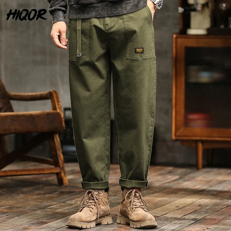 HIQOR Mens Loose Profile Pants American Vintage Trousers For Men High Waist Army Green Mens Casual Pants Cargo Trousers Male 260304