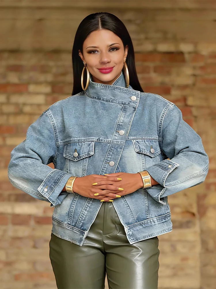 Women Stand Collar Denim Jacket Chic Long-sleeved Irregular Single Breasted Casual Loose Jackets 2026 Lady Commute Street Coat 260303