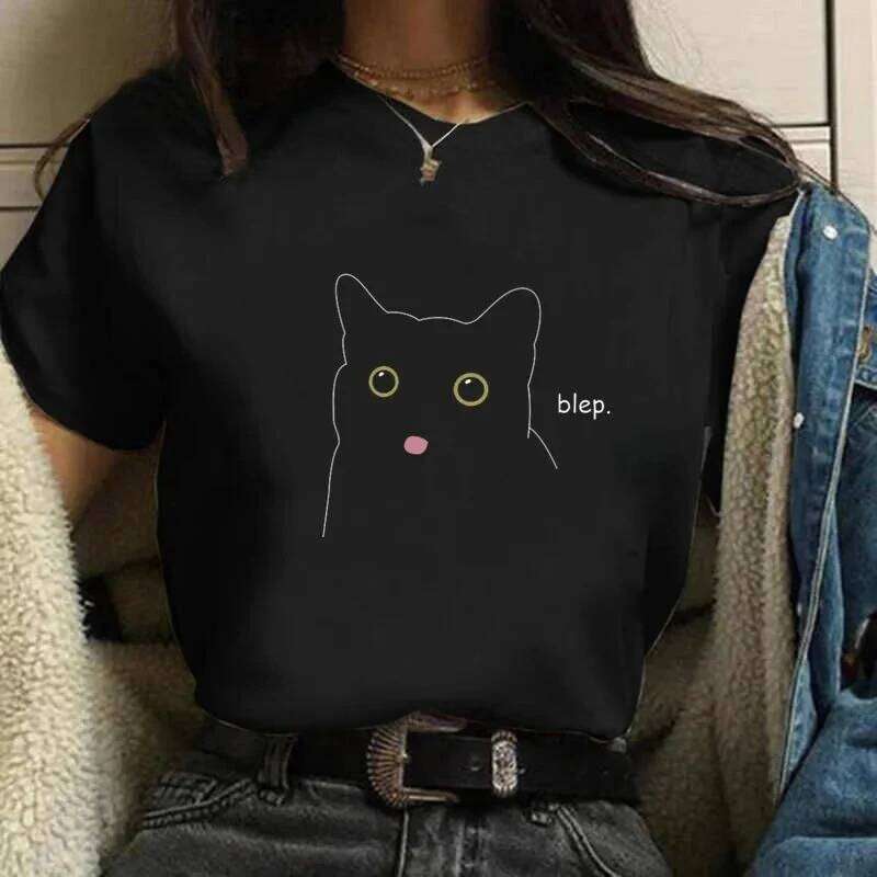 Beautiful Black Cat Print Harajuku T-shirt Casual Fun Cartoon Tops for Women Graphic XJ260306 XJ260306