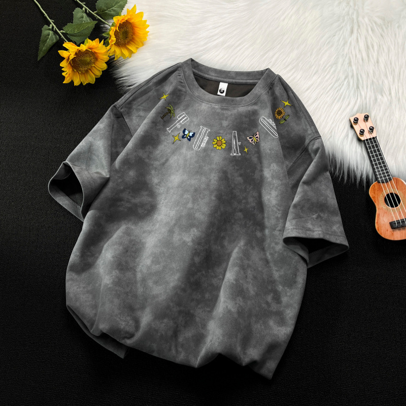 Luxury Brand Designer Clothes American-Style Tie-Dye Faux Suede Short-Sleeve T-Shirt For Men, Summer Printed Trendy Brand, Ins High Street Loose Fit, 