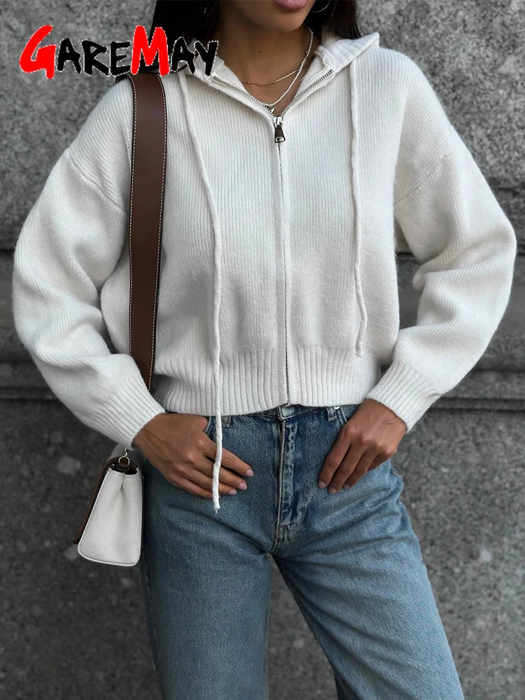 Autumn Knitted Womens Short Cardigan with Zipper Gray Winter Sweater Casual Cute Vintage White Cardigan for Women with Hood 260305